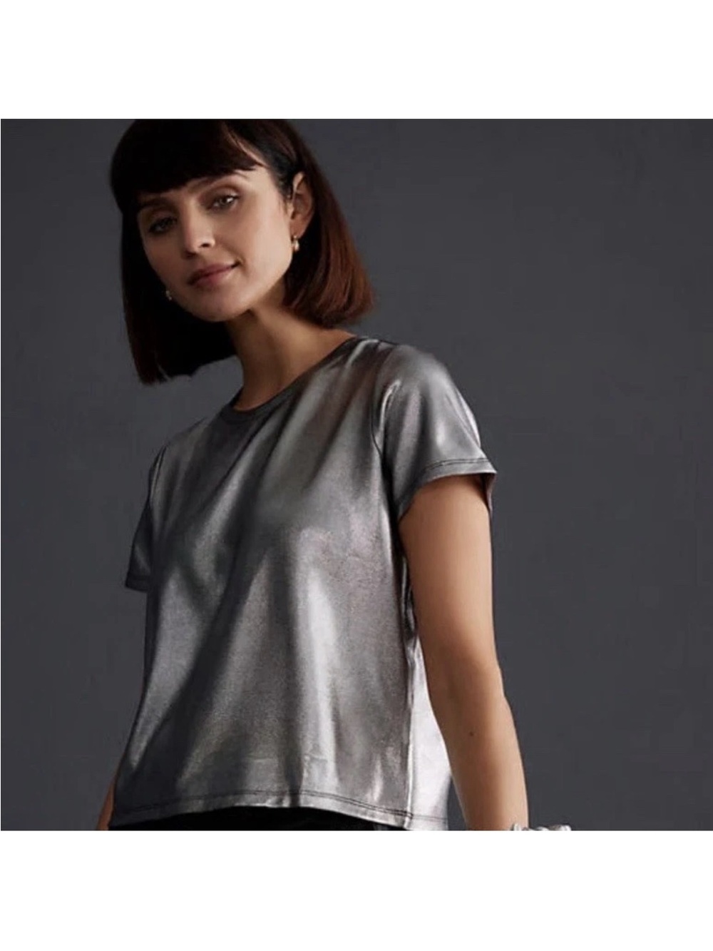 Porridge Top Womens M Silver Glam Tee Metallic Short Sleeve Shiny Shimmer Crew - Picture 2 of 10